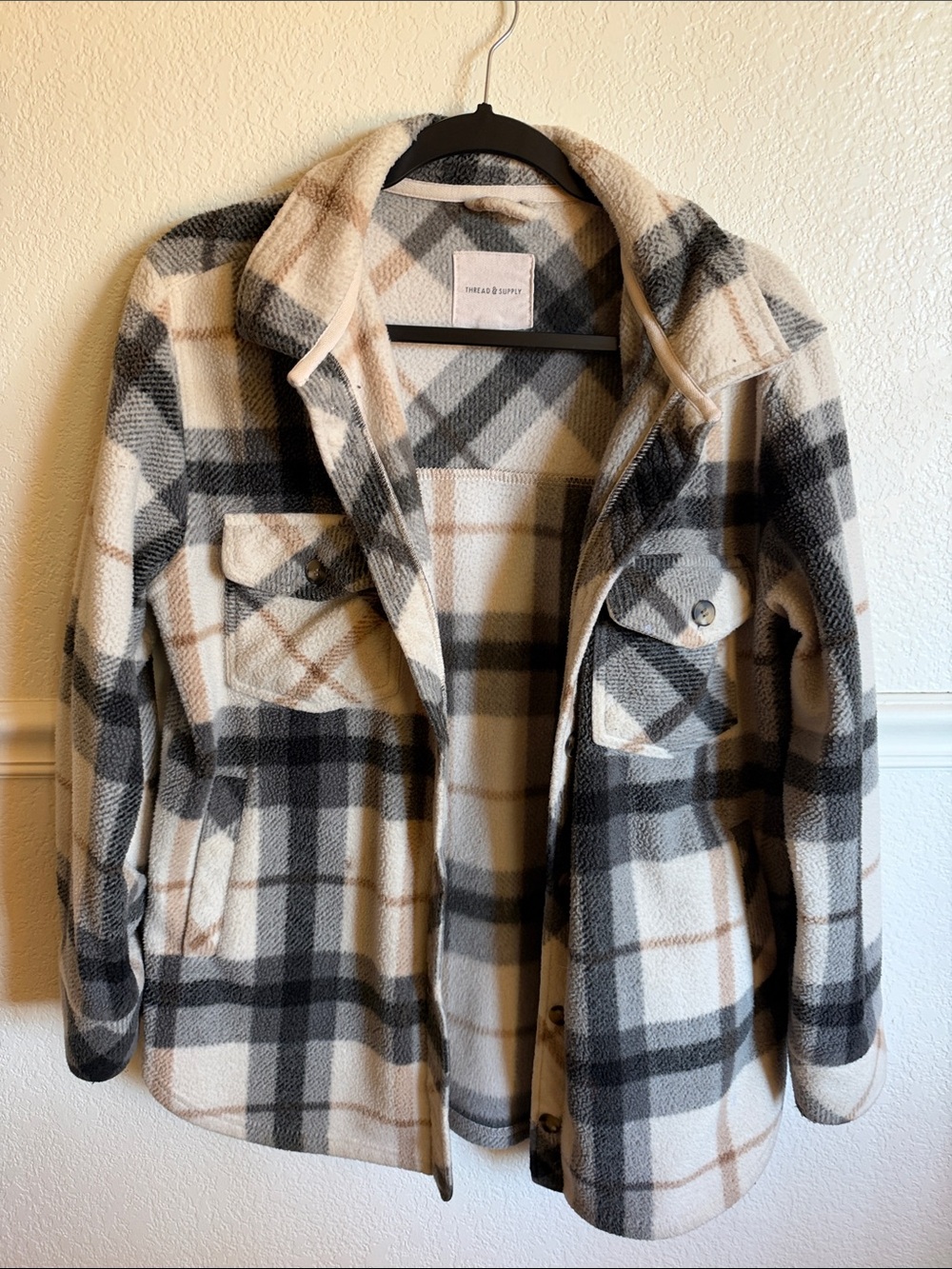 Thread & Supply Cream, Gray & Black Plaid Utility Shacket Soft Fleece size M